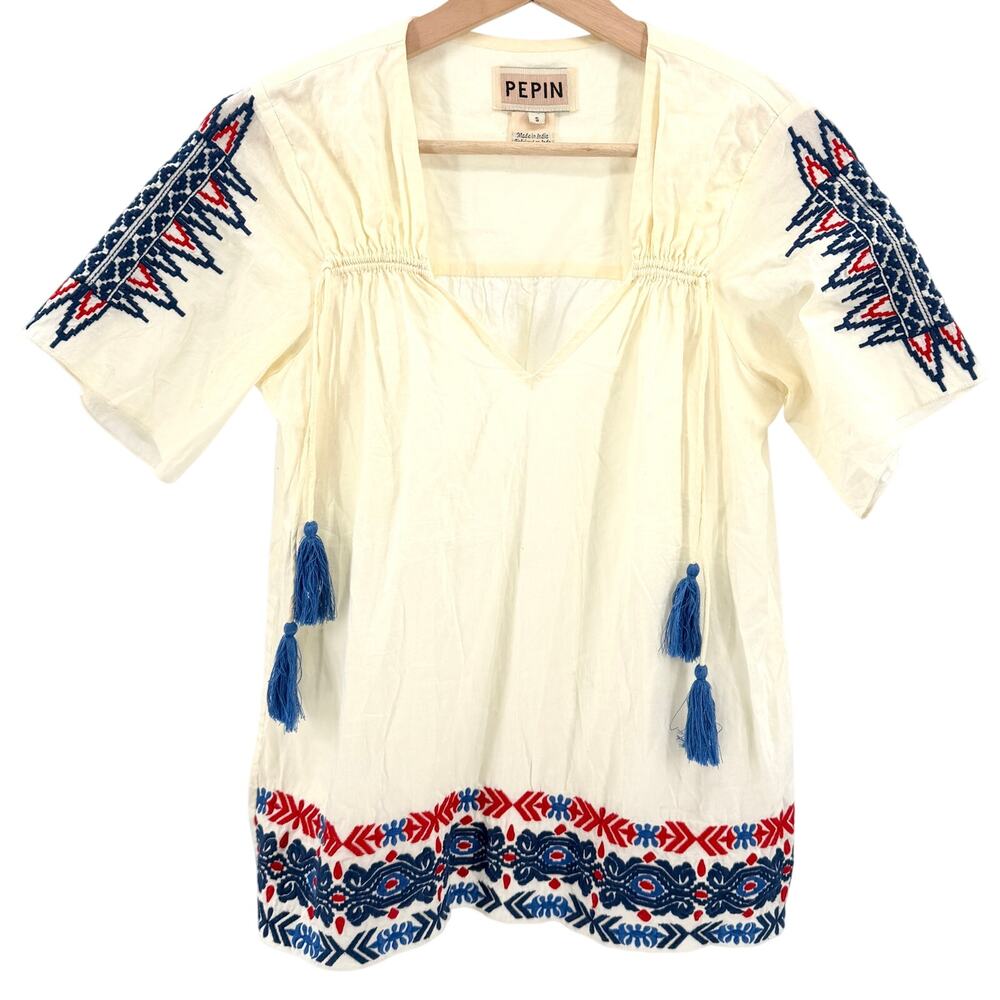 Pepin Cream 100% Cotton Red Blue Embroidered Tunic Blouse